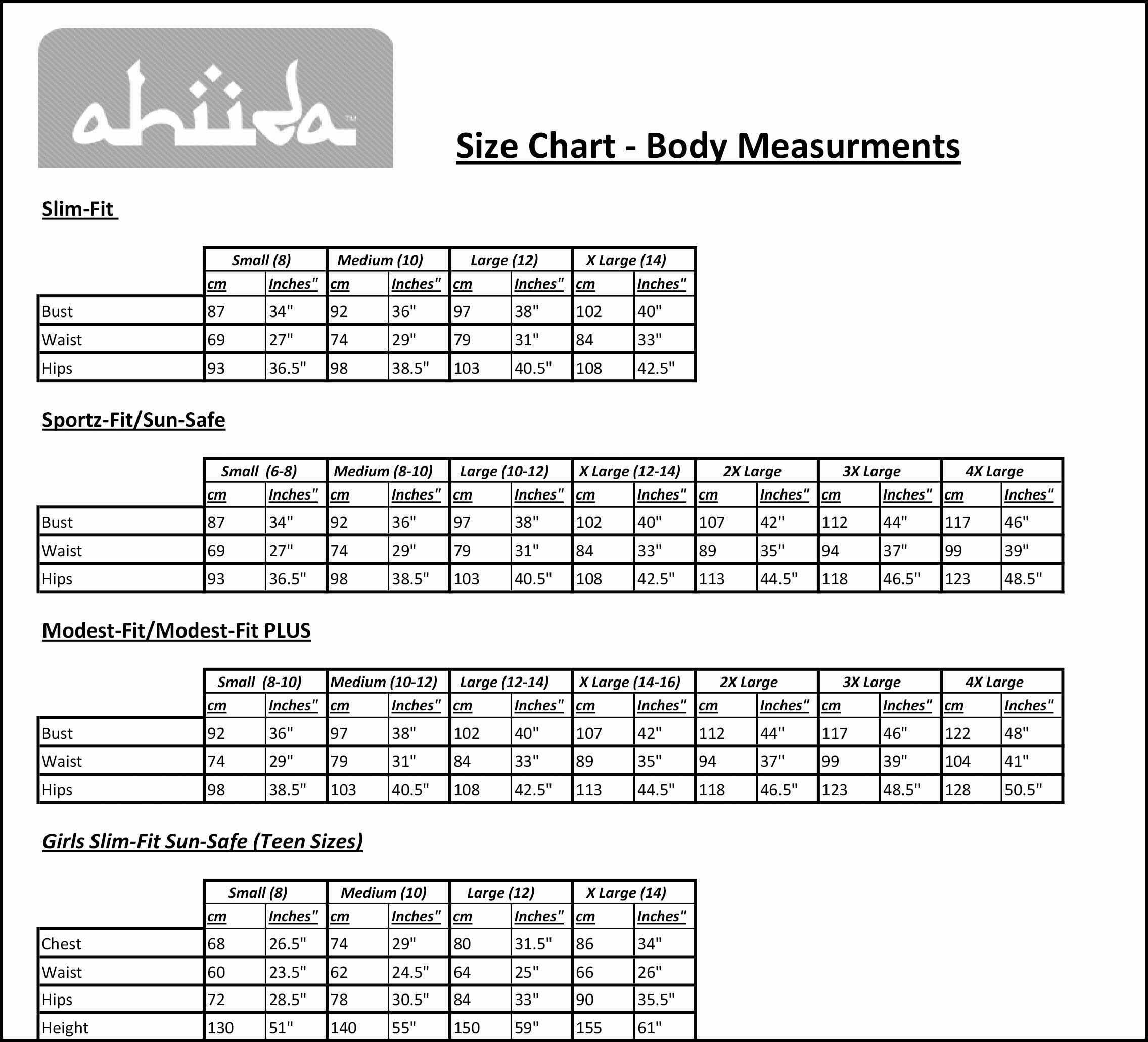 Size Chart Burqini