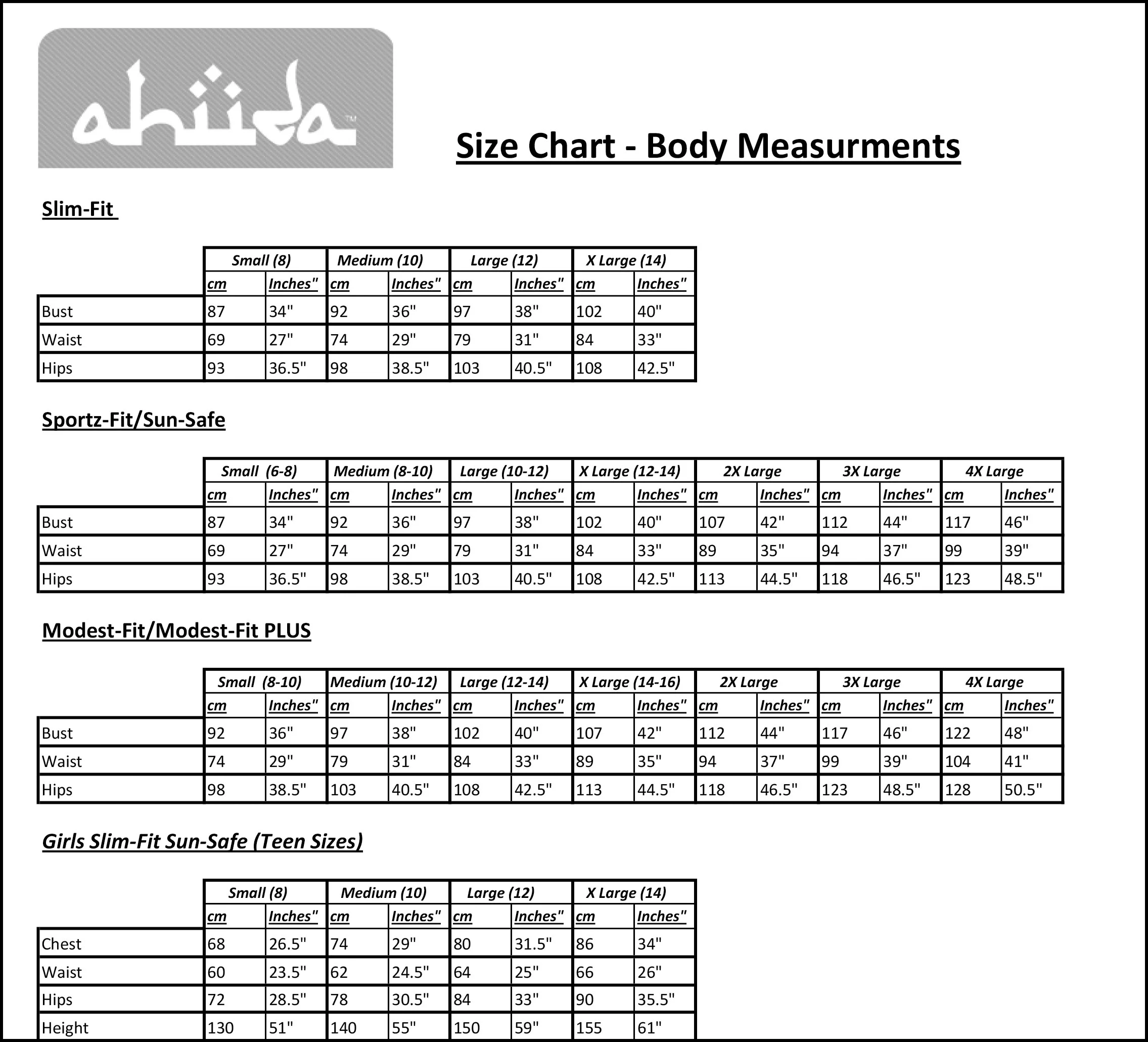 Size Chart Burqini